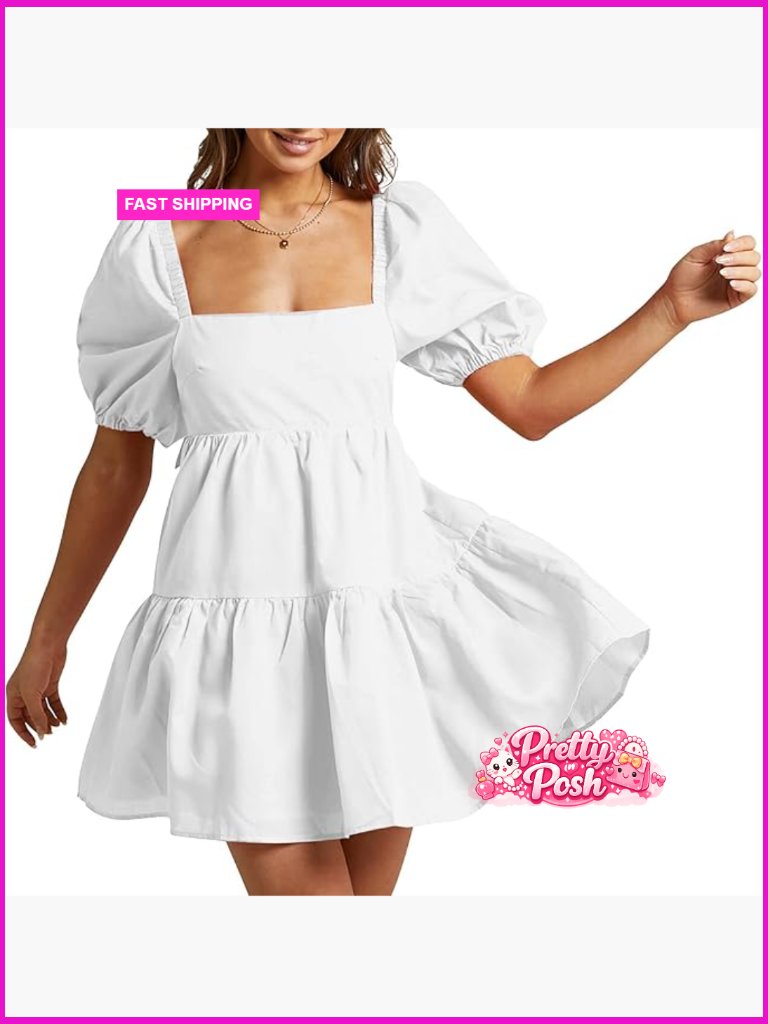 Cotton Babydoll Dress Square Neck Bubble Sleeve Casual Mini